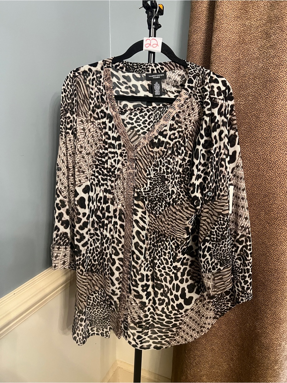 Valerie Stevens Animal Print V-Neck Blouse - Black & Cream